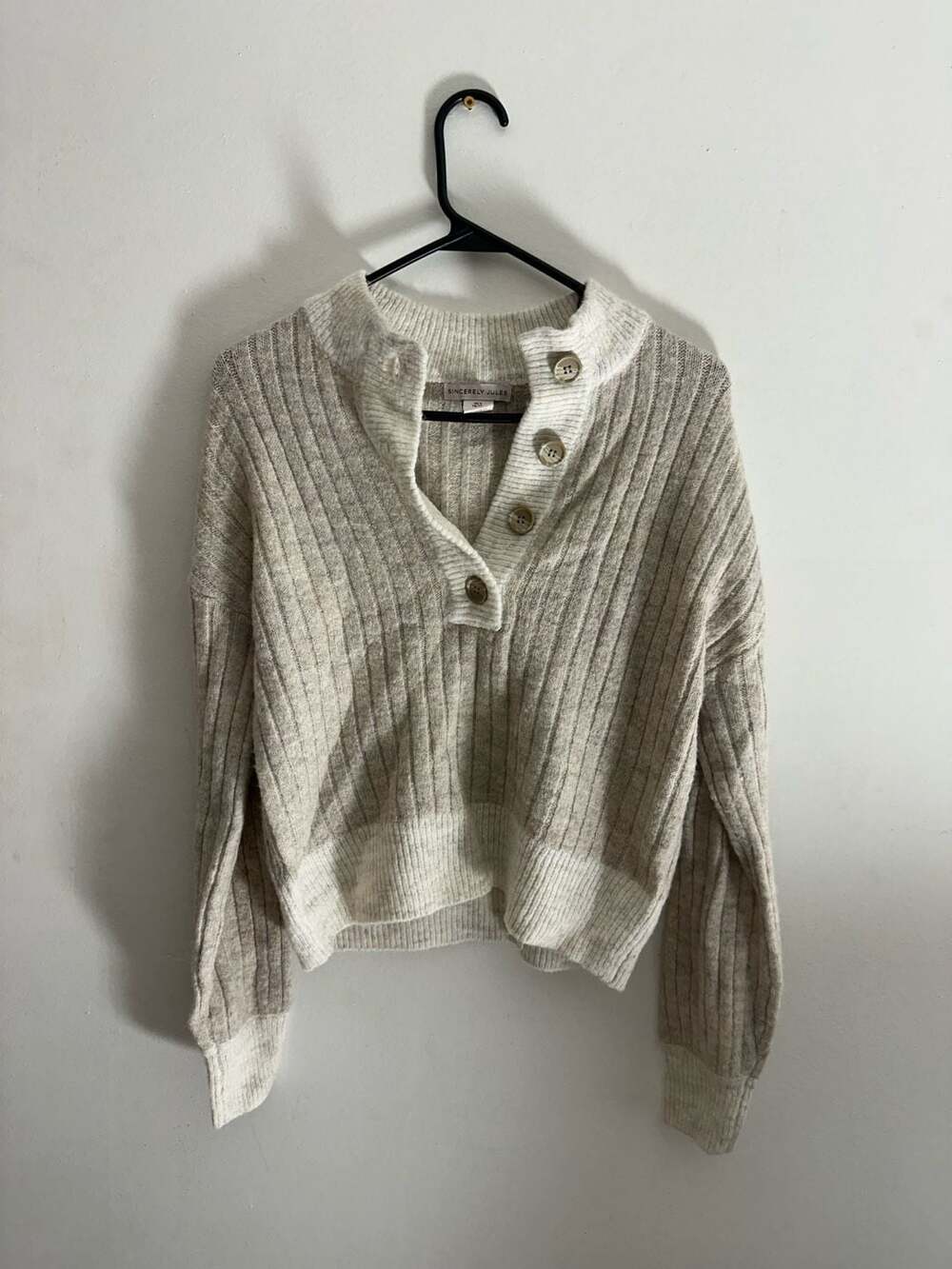 Sincerely Jules Ribbed Knit Henley Sweater Beige White Size S